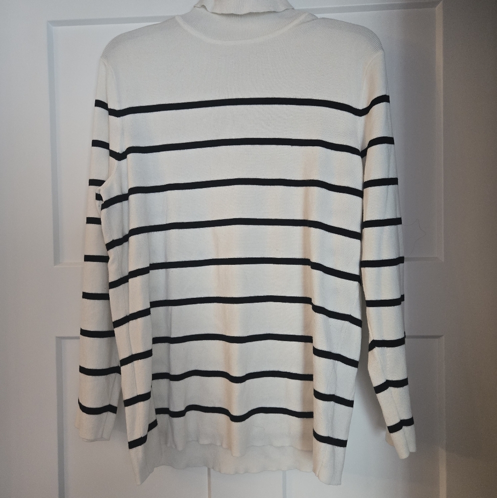 Chico's White and Black Striped Turtleneck Knit Sweater
